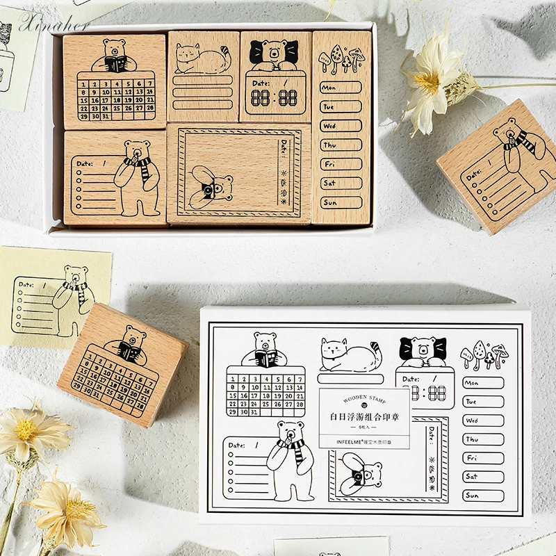1 Набор Винтажный медведь Дата Неделя время календарь штамп DIY деревянные и