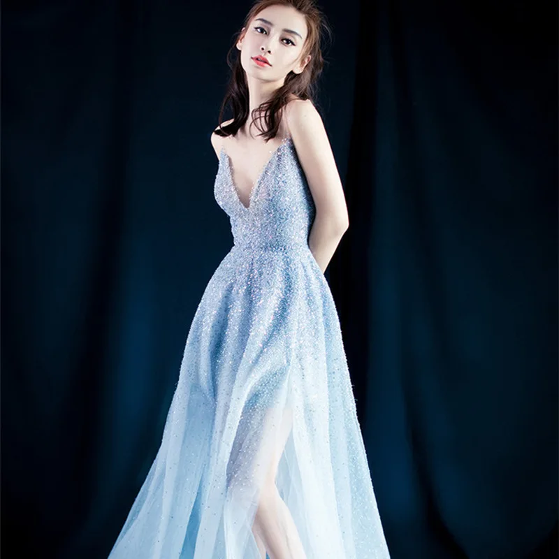 

Sexy Slit Beading Tulle Backless V Neck Long Evening Dresses 2019 Sleeveless Voile Marriage Floor Length Evening Dress