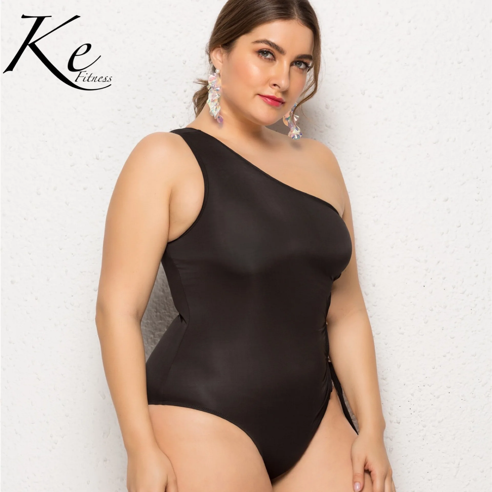 KE Новинка купальник для женщин со скошенным плечом плюс увеличение жира Цельный