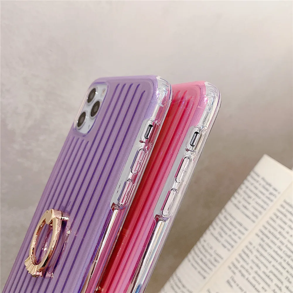 FLYKYLIN Laser Solid Color Ring Holder Phone Case For iPhone SE 2020 11 Pro Max XR XS 7 8 Plus Stripe Texture Soft IMD Cover |