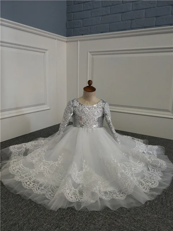 Блестящий серебряный Топ белые платья с цветочным узором для девочек на свадьбу