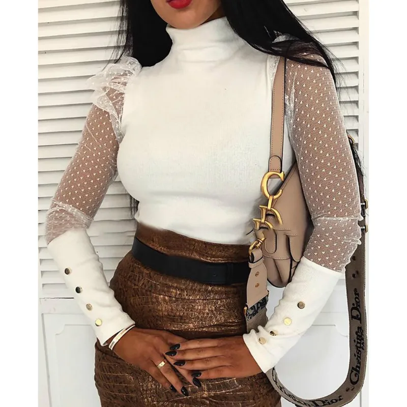 Женский пуловер в горошек с длинными рукавами пышными сетчатыми вставками