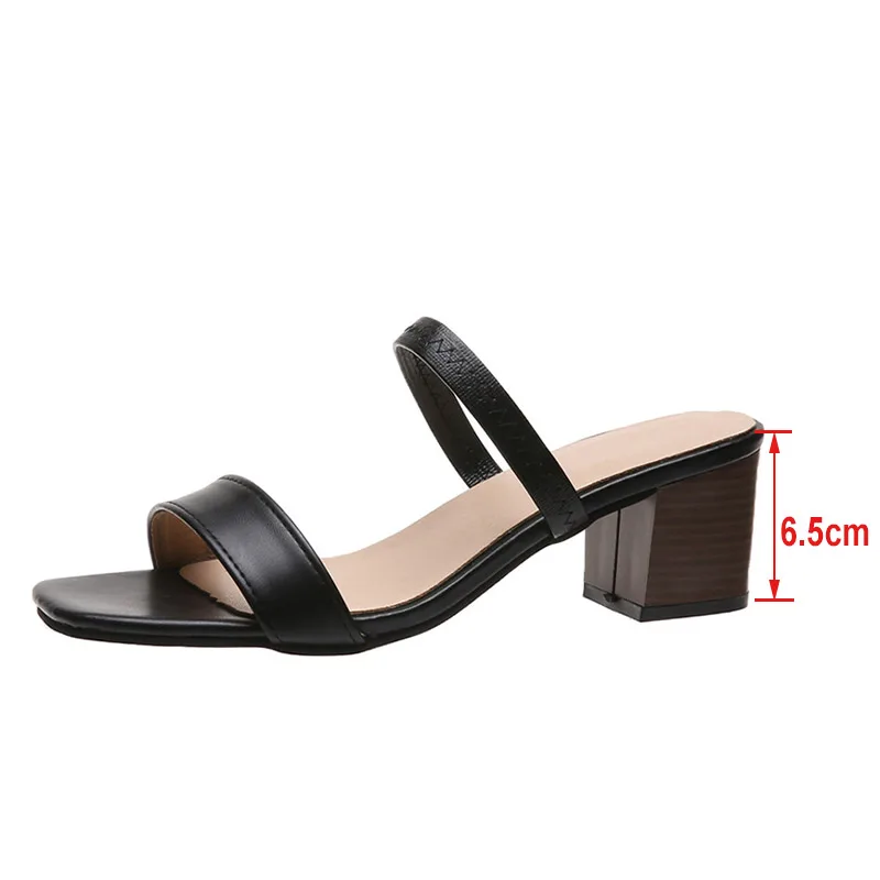 

Summer Women Slipper Sewing Square Toe Mid Heels Female Sexy Leisure Solid Outdor Women's Sandals Narrow Band 2021 New Shoes