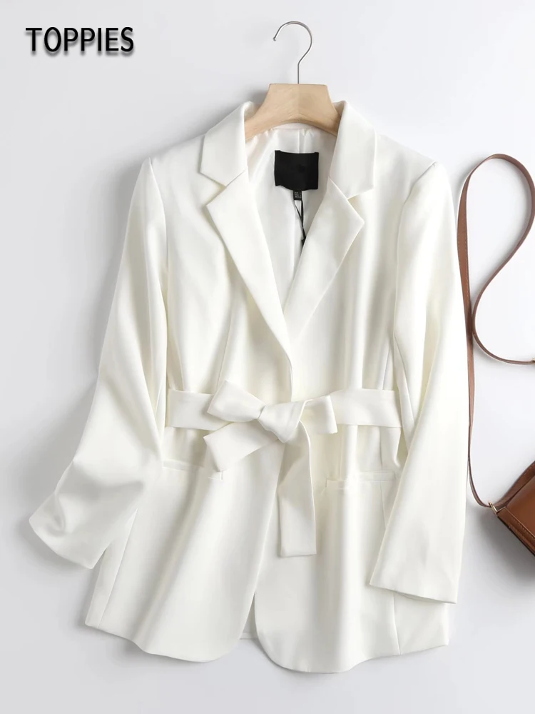 

Toppies 2021 Spring Office Ladies White Suit Jacket Women's Belt Long Blazer Notched Collar Formal Suit