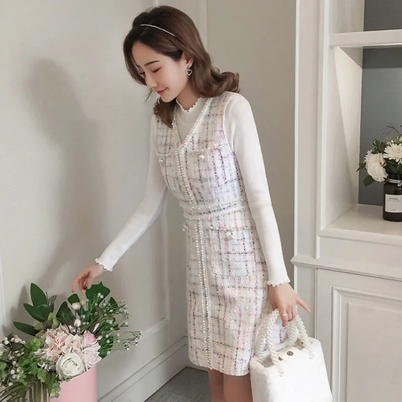 2019 осеннее модное платье высокого качества для женщин без рукавов твид