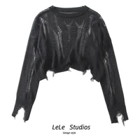 2021 new hollow out holes knitted pullover loose black thin asymmetric hot girls sexy chic crop top short sweater jumper women