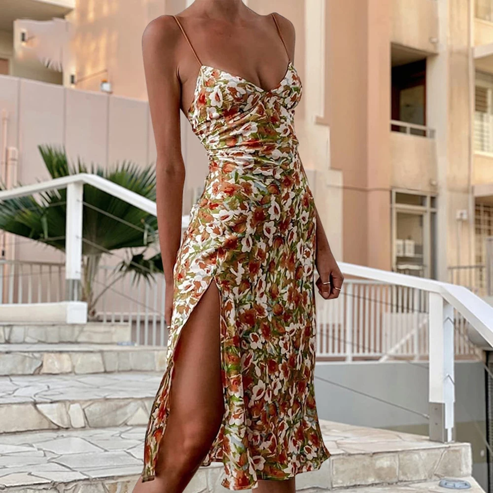 

Western Style 2021 Summer New Printing Fashion Split Fork Floral Casual High Waist V-neck Women's Dress