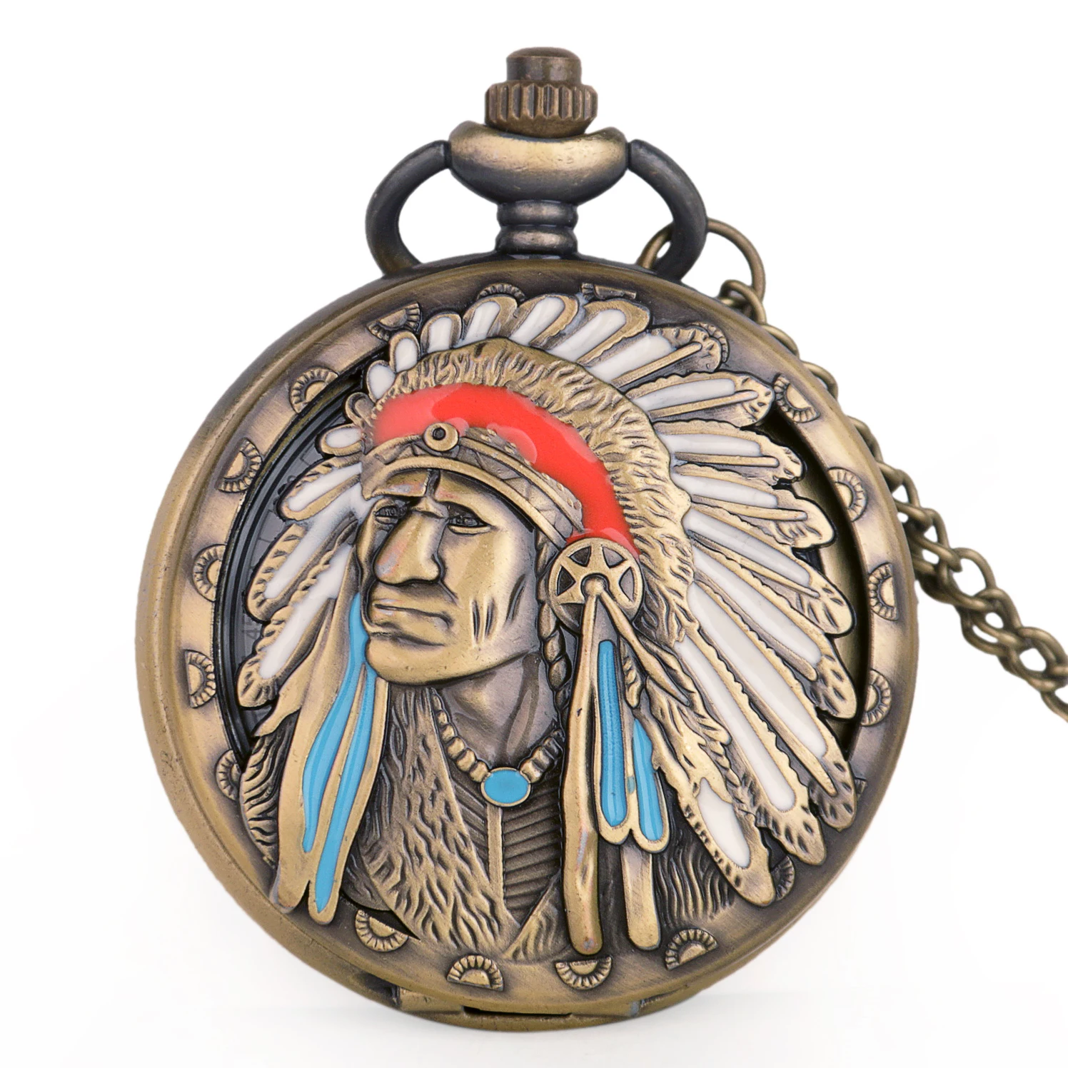 

New Style Ancient Indian Old Man Colorful Portrait Design Quartz Fob Pocket Watch Bronze Pendant Necklace Chain Souvenir Gifts