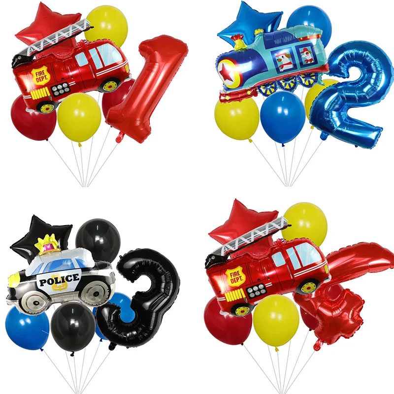 

7pcs Car foil Balloons Engineering car Fire truck Balloon 1 2 3 4 5st Happy Birthday Party decorations Kids Number star globos