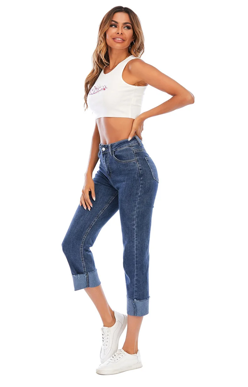 

2020 New Arrivals Woman High Waist Ladies Jeans Bule Solid Ankle-Length Pants High Street Denim Skinny Pencil Pants