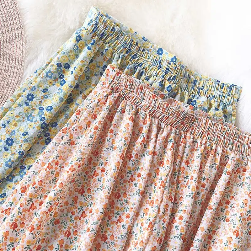 

New Floral Print Women's Midi Skirt High Waist Female Chiffon Sweet Skirts 2021 Spring Summer Ladies All-match Casual Vestido