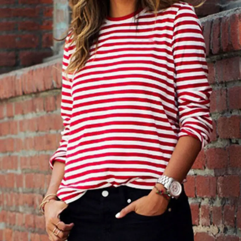 

Faithtur Women Red White Striped Long Sleeve Casual Crewneck Tops Blouse