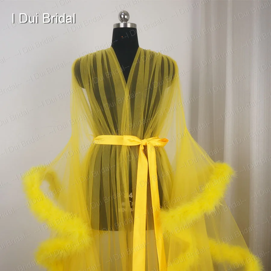 Женский фатиновый шарф с длинным рукавом желтое Прозрачное платье перьями для