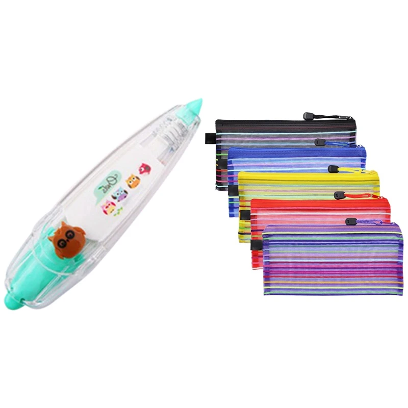 1Pcs Lace Correction Tape Animal Pattern Decorative &amp 15Pcs Colorful Zipper Mesh Pouches Rainbow Stripe Bag |
