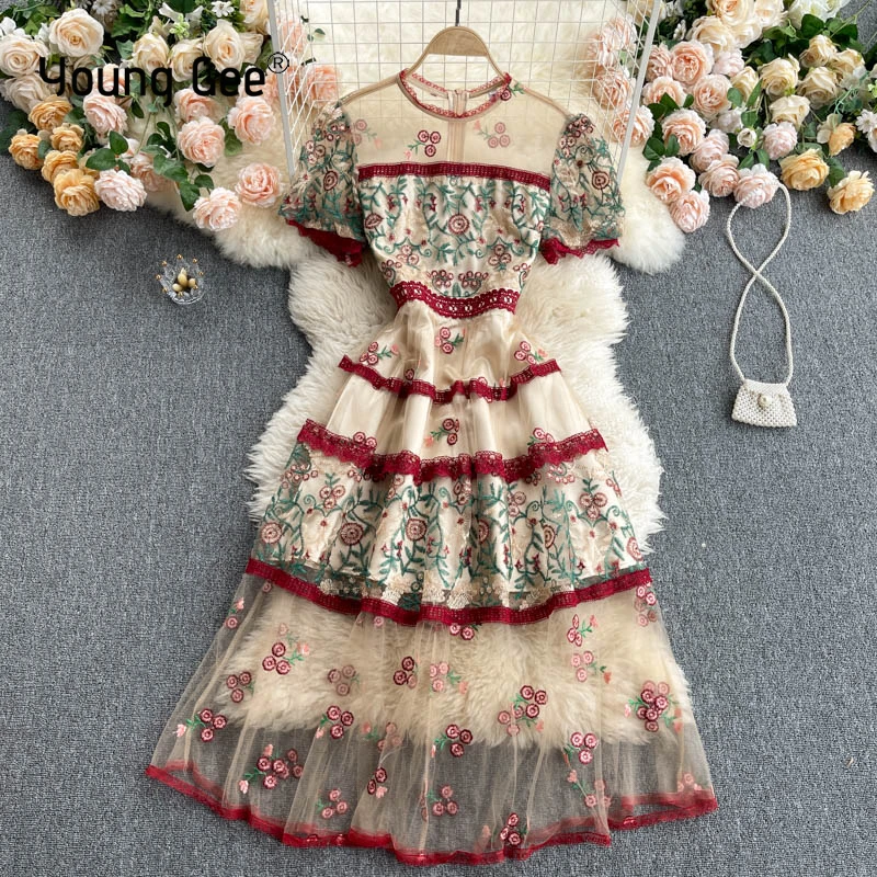 

Young Gee Runway Designer Flower Embroidery Mesh Lace Dress Summer Women Short Puff Sleeve Long Party Wedding Dresses vestidos