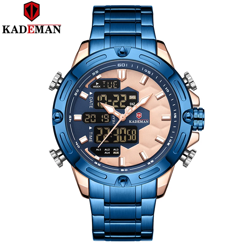 BLUE Новинка, Брендовые мужские спортивные часы Kademan, полностью стальной ремешок, светодиодный, двойной дисплей, уникальный дизайн, модные кварцевые наручные часы, водонепроницаемые, K9070 - Цвет: BLUE