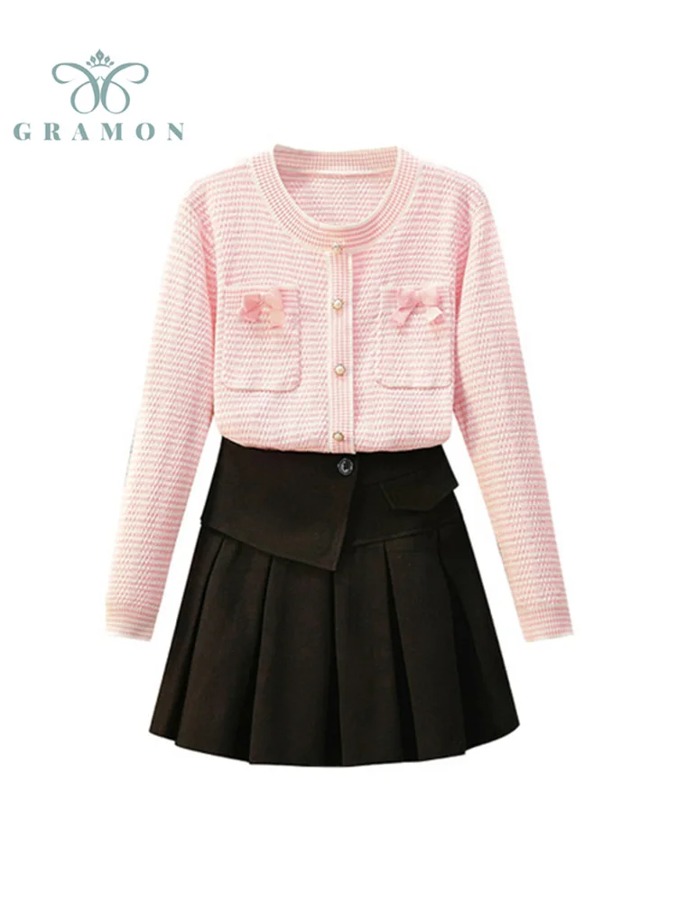 

Two Piece Sets Pink Knitted Sweater + Woolen Pleated Skirts Autumn Plus Size Skirts Suits 2021 New Sweet Fashion Conjuntos Mujer