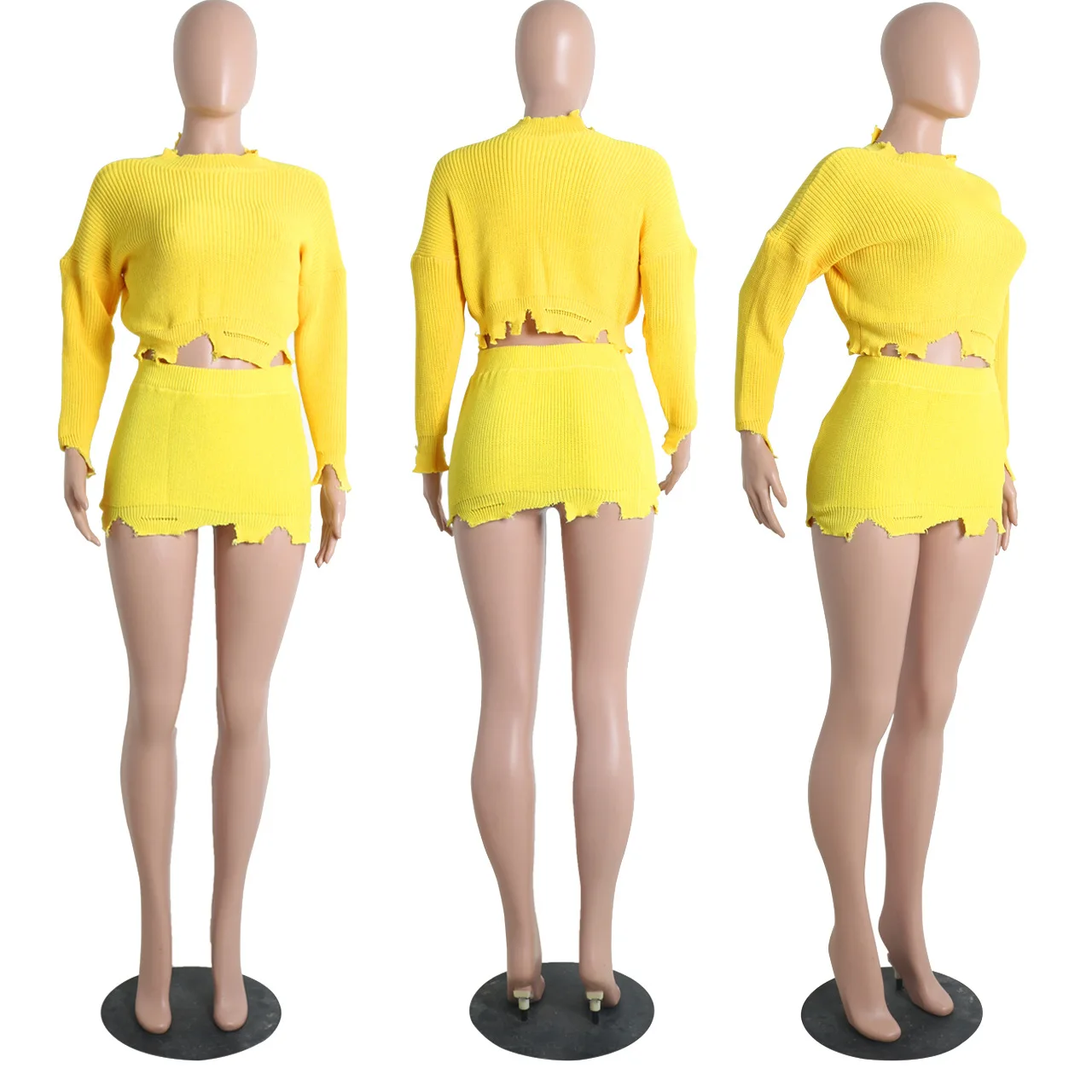 

Neon Yellow Sexy Two Piece Set Dress For Women Long Sleeve Knitted Sweater Mini Dress Autumn Winter Hole High Waist Sheath Dress