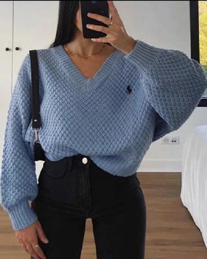 

Women's Sweater New Autumn V-Neck Long Sleeve Sweaters for Women Elegant Office Lady Pullover Tops Casual Loose Sweater 2021