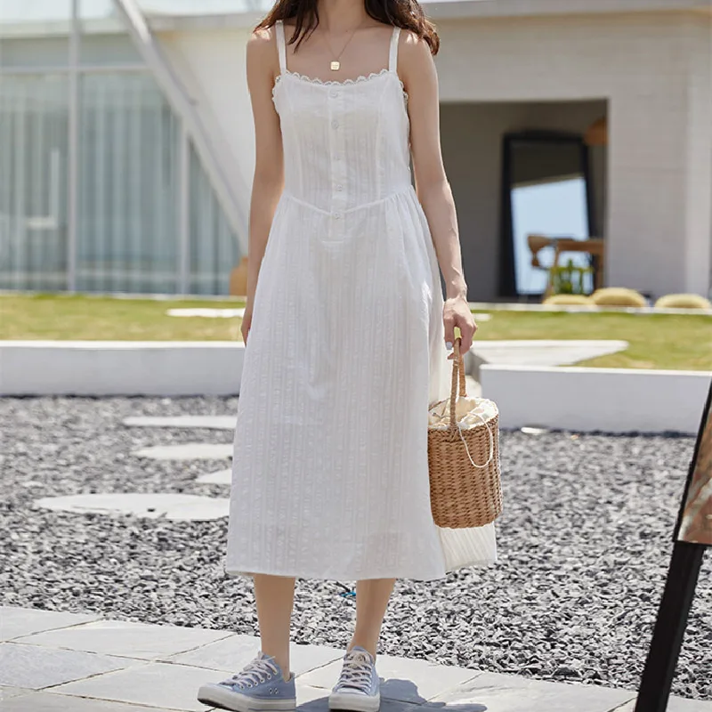 

Limiguyue Summer Women Spaghetti Strap Dress White Midi Dresses Elegant Cotton High Waist A-line Dress Beach Holiday Robes K2299