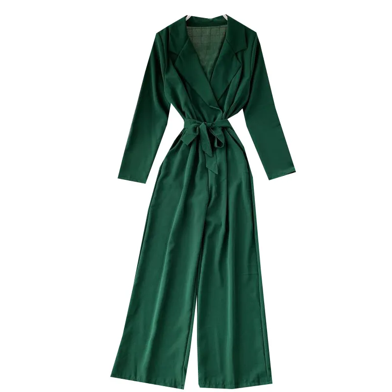 

Spring Autumn Women's Jumpsuit V-Neck Long Sleeve Wide Leg Pants Elastic Waist Belt Office Lady Working Jumpsuit