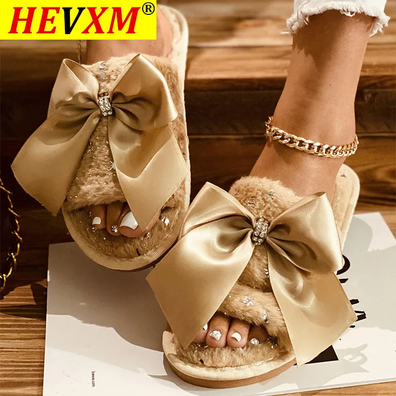 

HEVXM Fashion Women's Slippers Women Indoor Casual Shoe Warm Plush Ladies Bowknot Soft Open Toe Female Home Shoes 2021 New