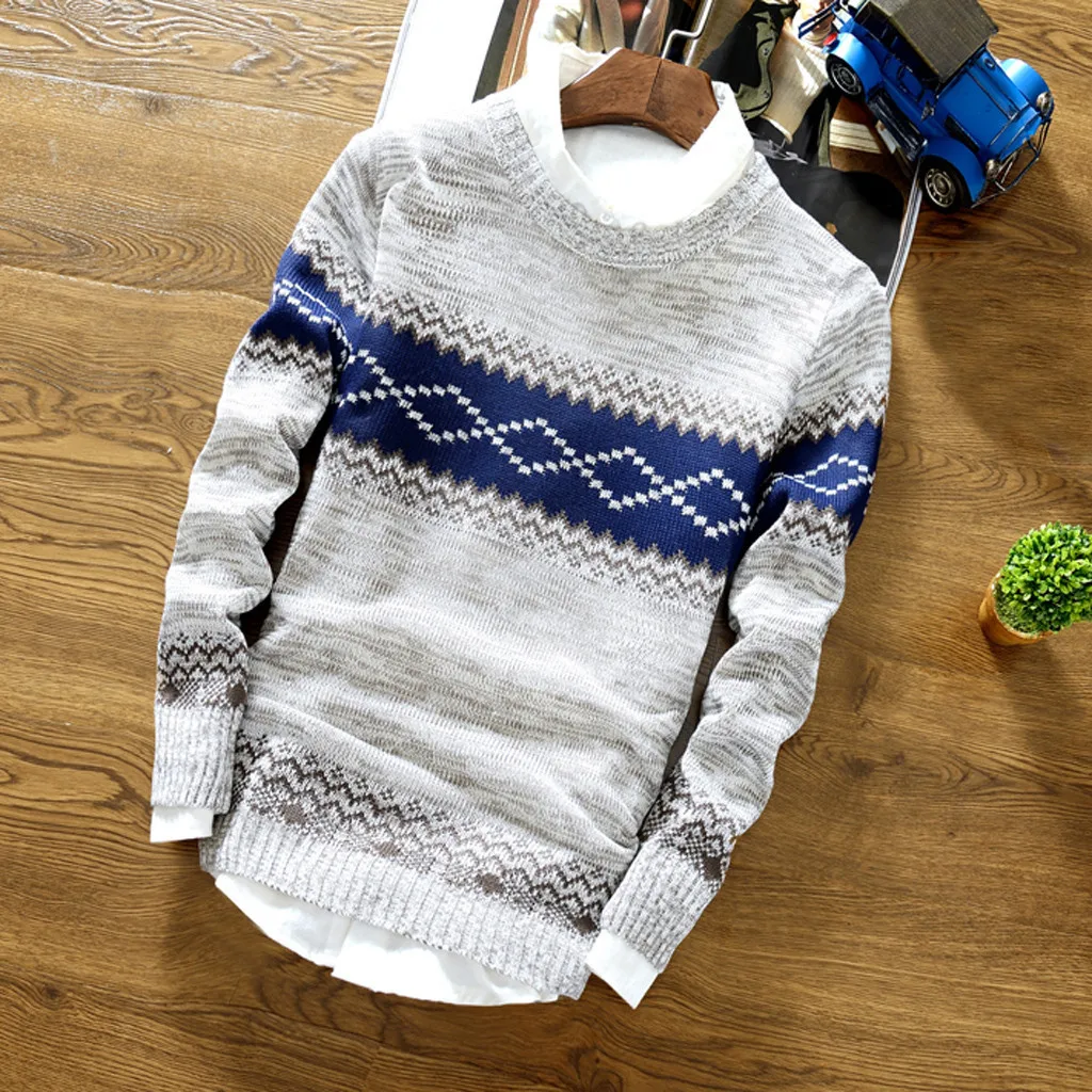 Корейский серый свитер пуловеры мужской вязаный с длинным рукавом и круглым