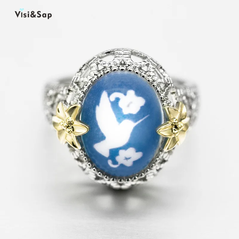 Visisap Peace Dove Nano отражение Кольца Птицы для женщин большой камень с цветочным узором