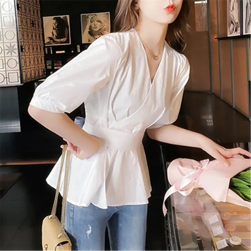 

Back Tie Bow White Shirt Women Summer New Temperament Slim Short Sleeve Top