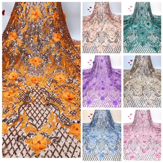 

2019 High Quality African Lace Fabric Organza French Net Embroidery Sequins Tulle Lace Fabric For Nigerian Party Dress lavender