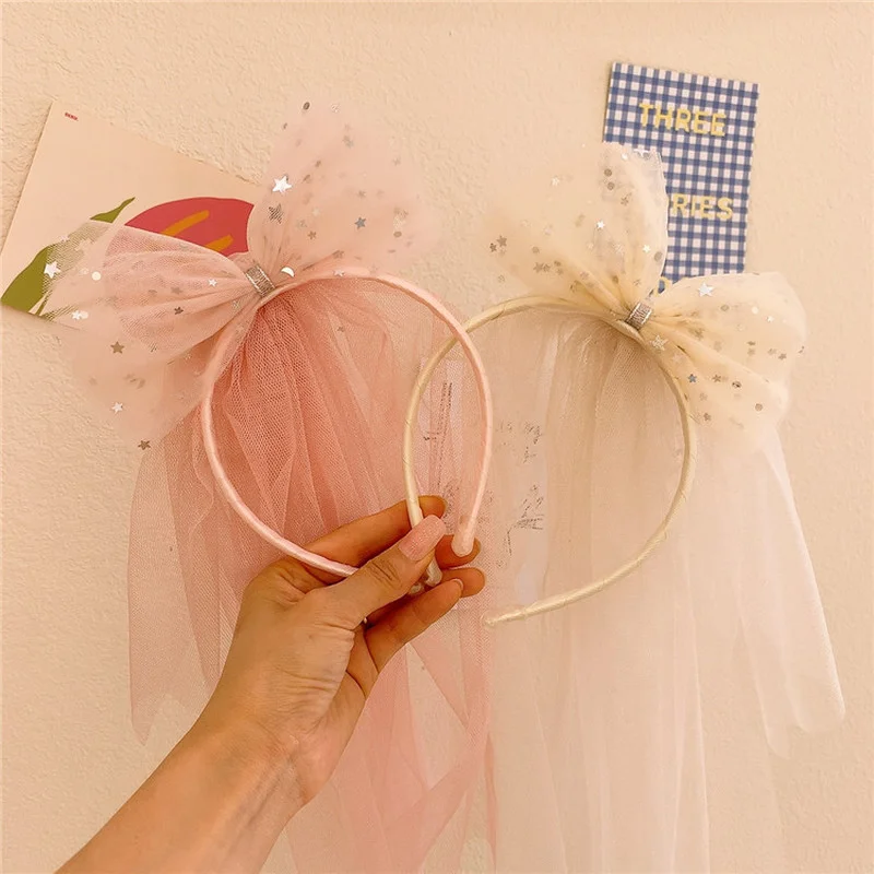 

2021 New Korean Sweet Girl Princess Simple Beautiful Sequined Stars Yarn Bow Long Streamer Hairband Children's Hair Accessories