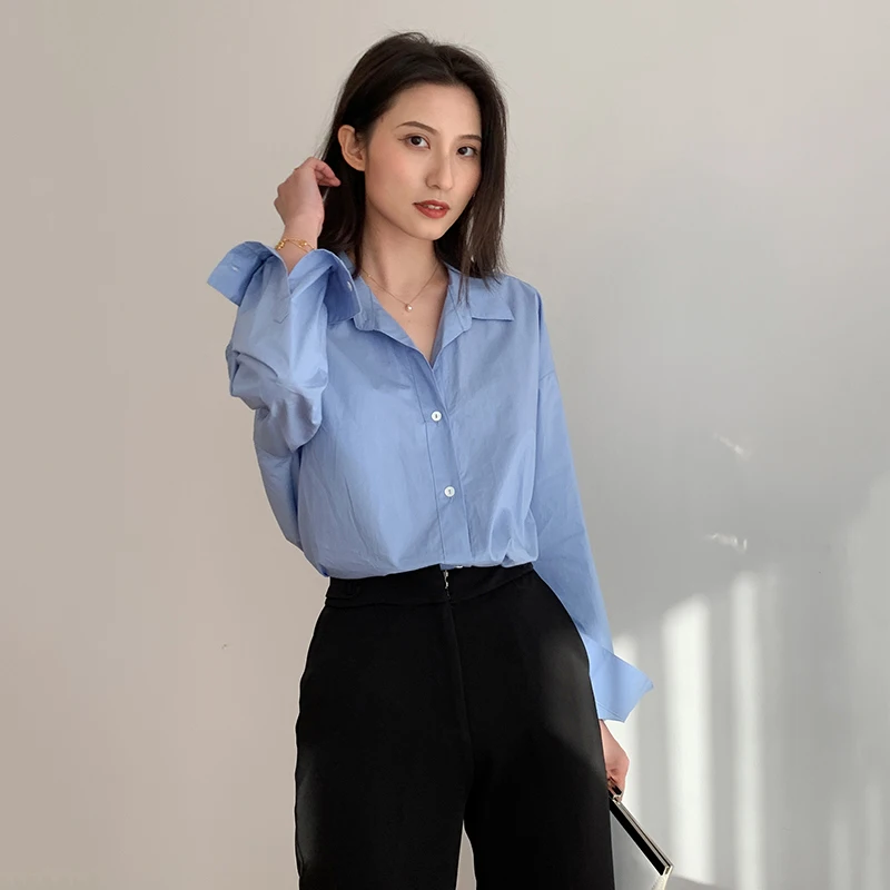 

[EAM] Women Leisure Long Big Size Blue Blouse New Lapel Long Sleeve Loose Fit Shirt Fashion Tide Spring Autumn 2021 1DD5244
