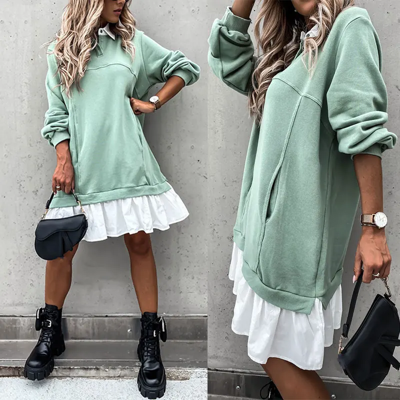 

Women Button Dresses Ruffle Hoodie Dress Turn-down A-Line Dress Autumn Mini Long Sleeve Dress T Shirt Dress Autumn Patchwork