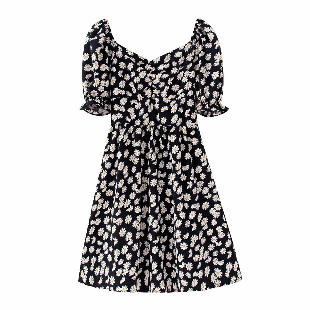 Винтажное шикарное эластичное мини платье с пышными рукавами и принтом