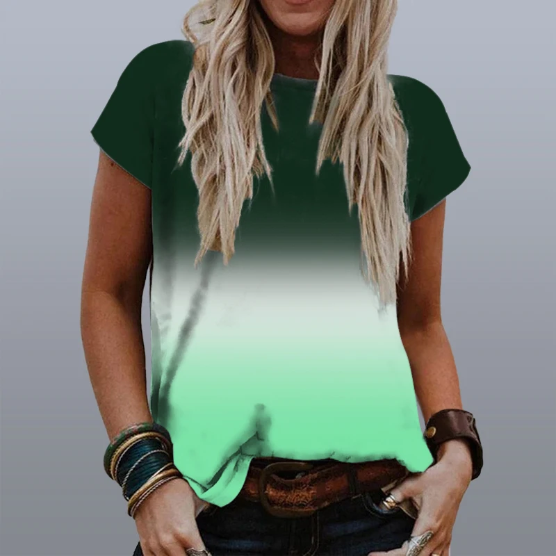 

Women Casual Short Sleeve Tee Shirts Summer New Fashion All-match Pullover T-shirt Lady Gradient Color Print Loose Plus Size Top