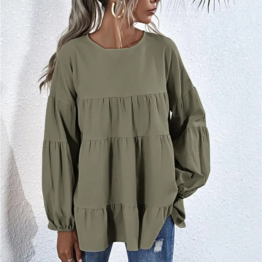 

Women Blouse Solid Color Long Sleeve Ruffles Patchwork Fashion Spring Autumn Lantern Sleeve O Neck Tops Casual Loose Streetwear