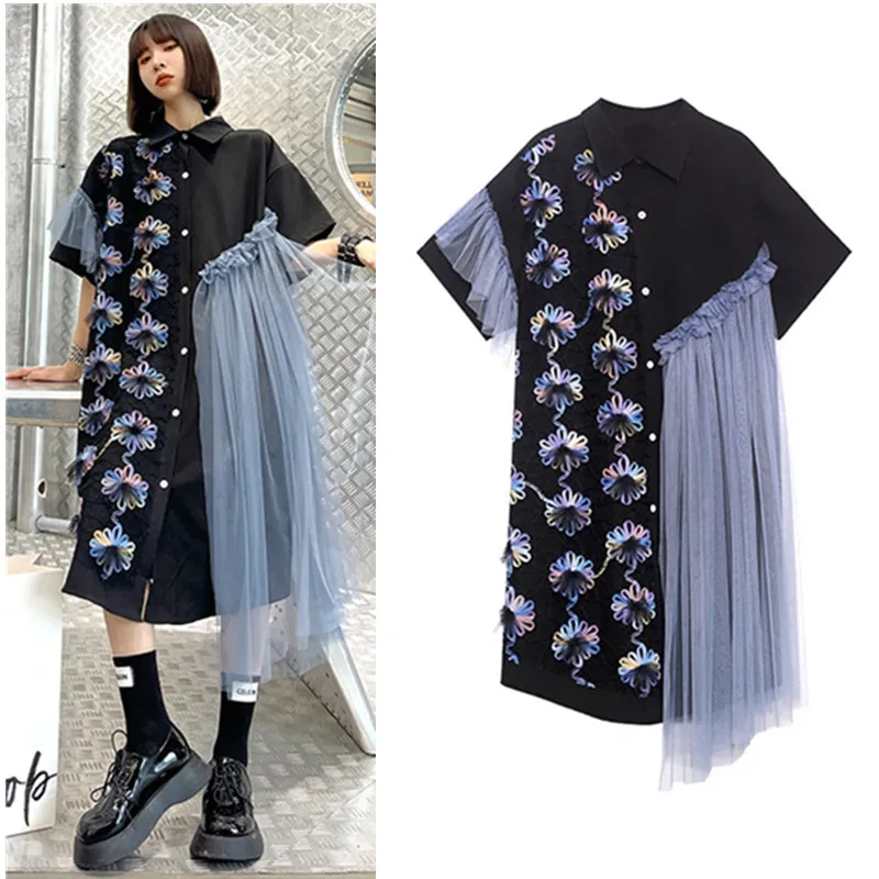 Женское платье рубашка с цветочной вышивкой свободная сетчатая Длинная блузка