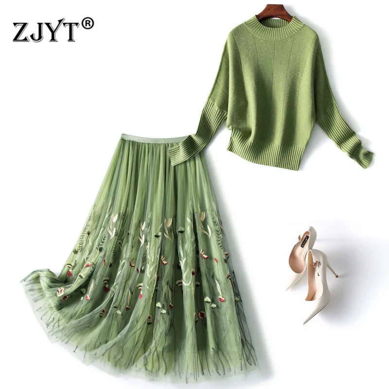 Women's Winter Knitted Dress Suits Fashion Long Sleeve Pullover Sweater With Embroidery Mesh Skirts Set 2 Piece Casual Outfits