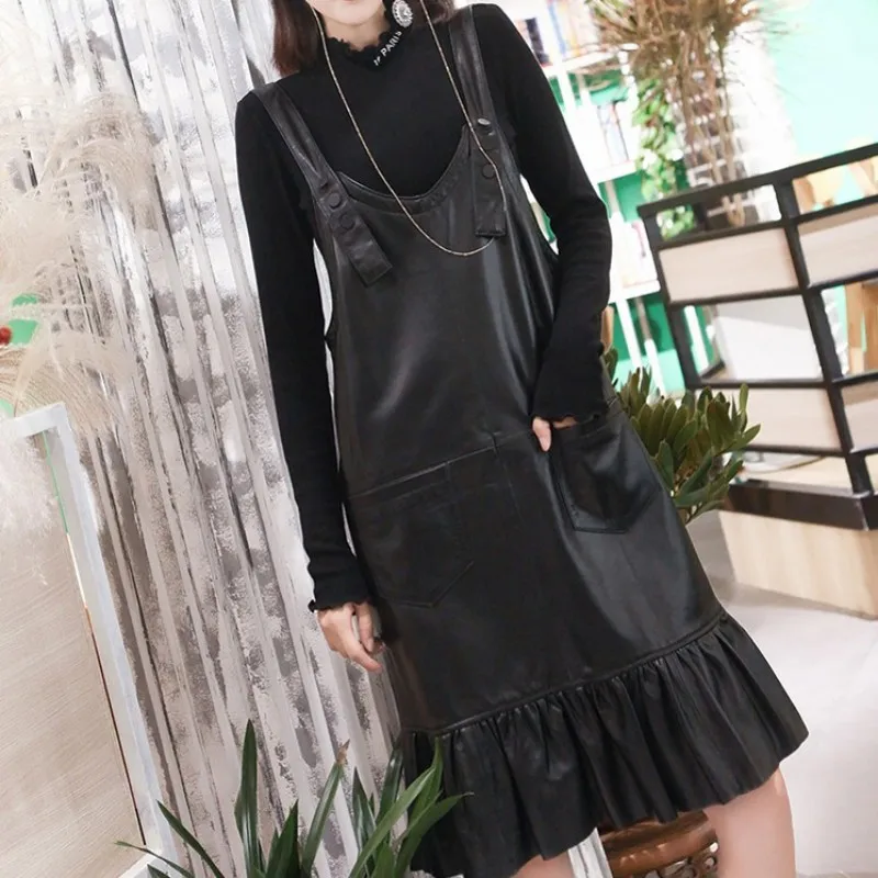 

Leather Autumn Genuine Dress Women Sweet Ruffle Straps Dress Streetwear Female Sleeveless Knee Length Loose Sheepskin Dresses