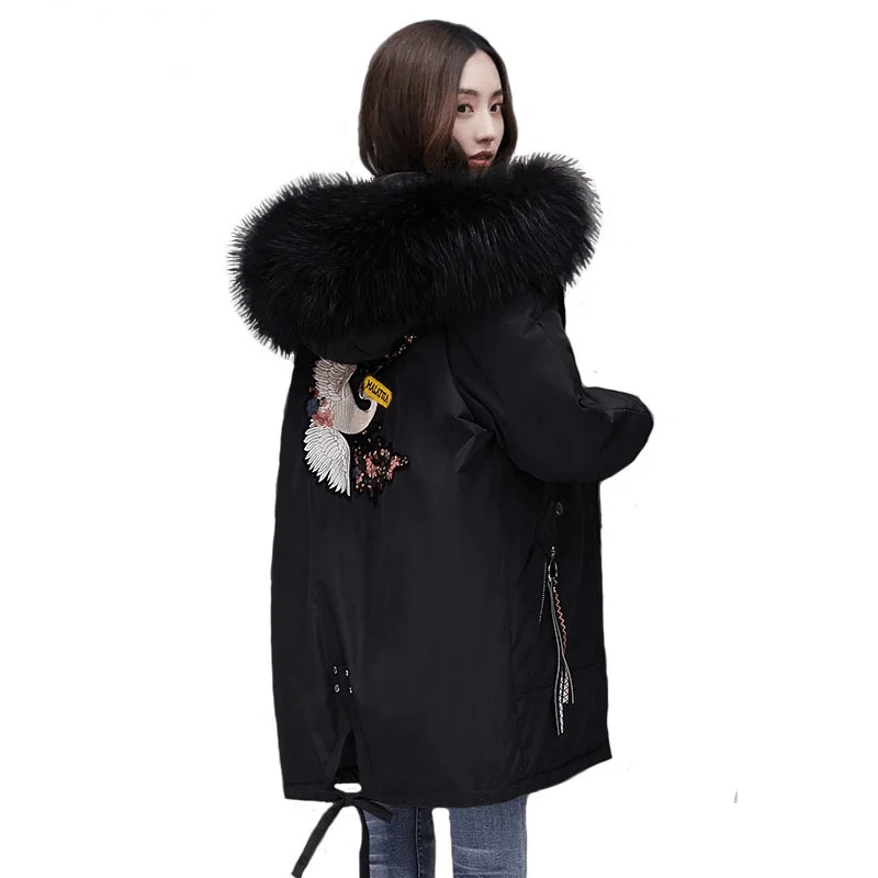 

2021 Winter Jacket Women 2020 New Embroidery Casual Hooded Warm Cotton Padde Coat Female Loose Black Long Parka Mujer