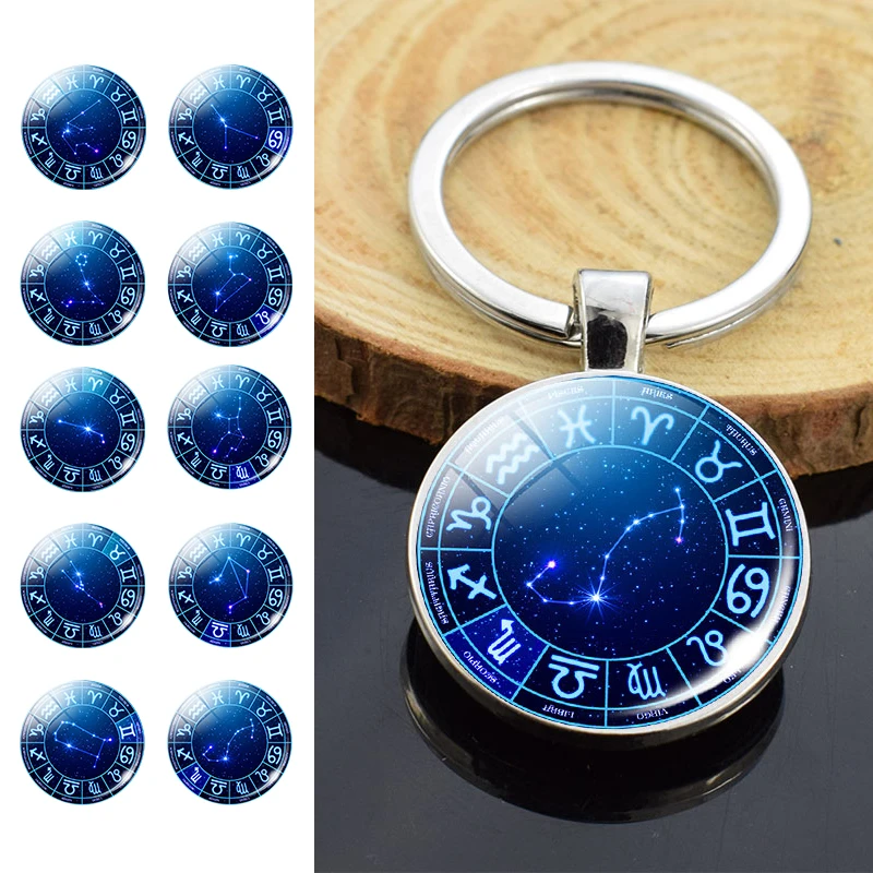 

12 Constellation Keychain Glass Dome Metal Car Keychain Zodiac Sign Pendant Zodiac Jewelry Fashion Accessories
