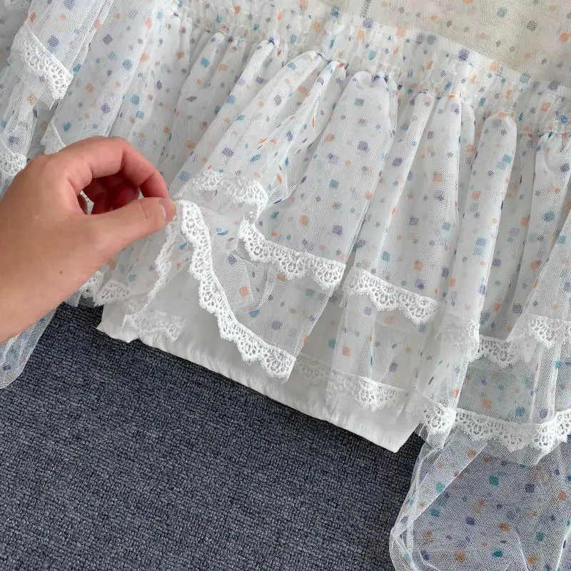 

Tops 2020 new female chic sweet ruffled see-through mesh short cropped polka dot blouse crewneck long sleeve blouse