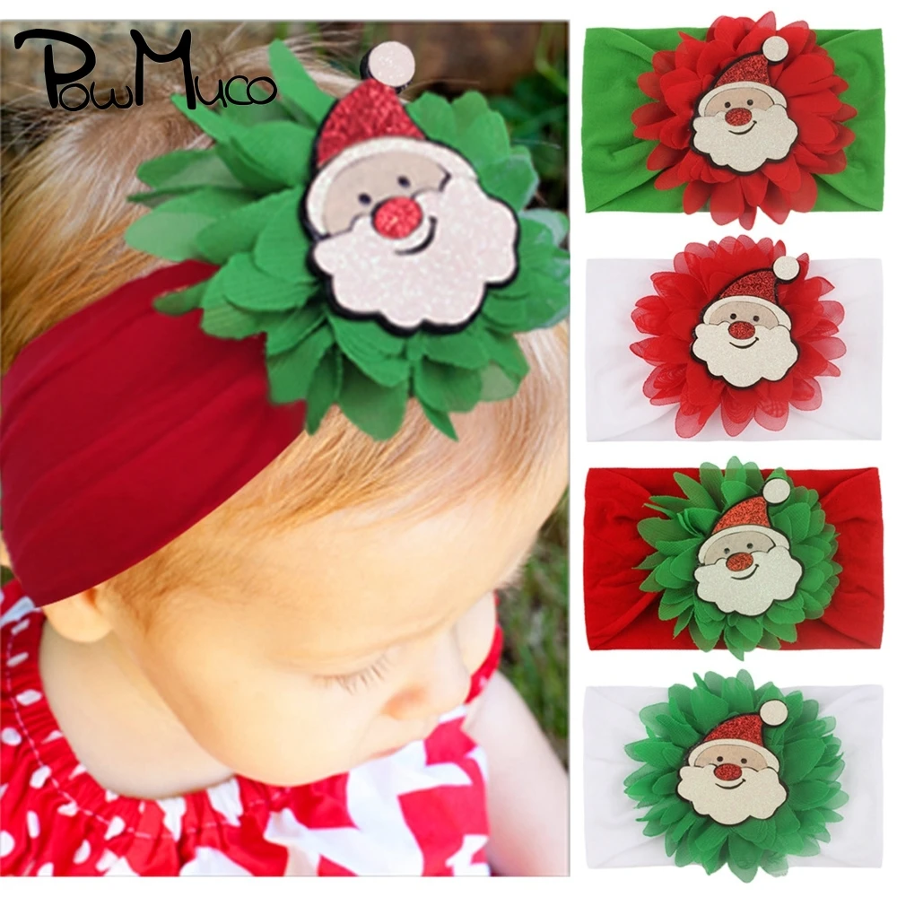 

Powmuco 15*9 см для малышей; Комплекты детской одежды модных эластичная нейлоновая повязка на голову ручной работы, шифоновой повязкой на голову в виде цветка, с рисунком из мультфильма, Санта Клаус рождественские подарки
