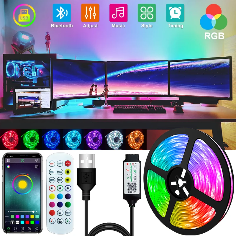 

1-30M Bluetooth LED Strip Light USB 5050 RGB Light SMD DC 5V Flexible LED Lamp Tape Ribbon TV Desktop Screen BackLight Diode