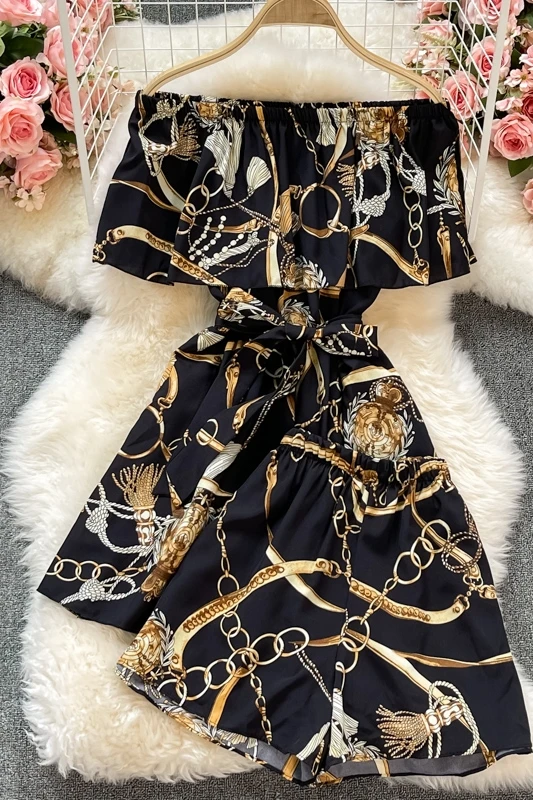 

Summer chic off shoulder print dress short sleeve two piece suit High Waist Wide Leg shorts