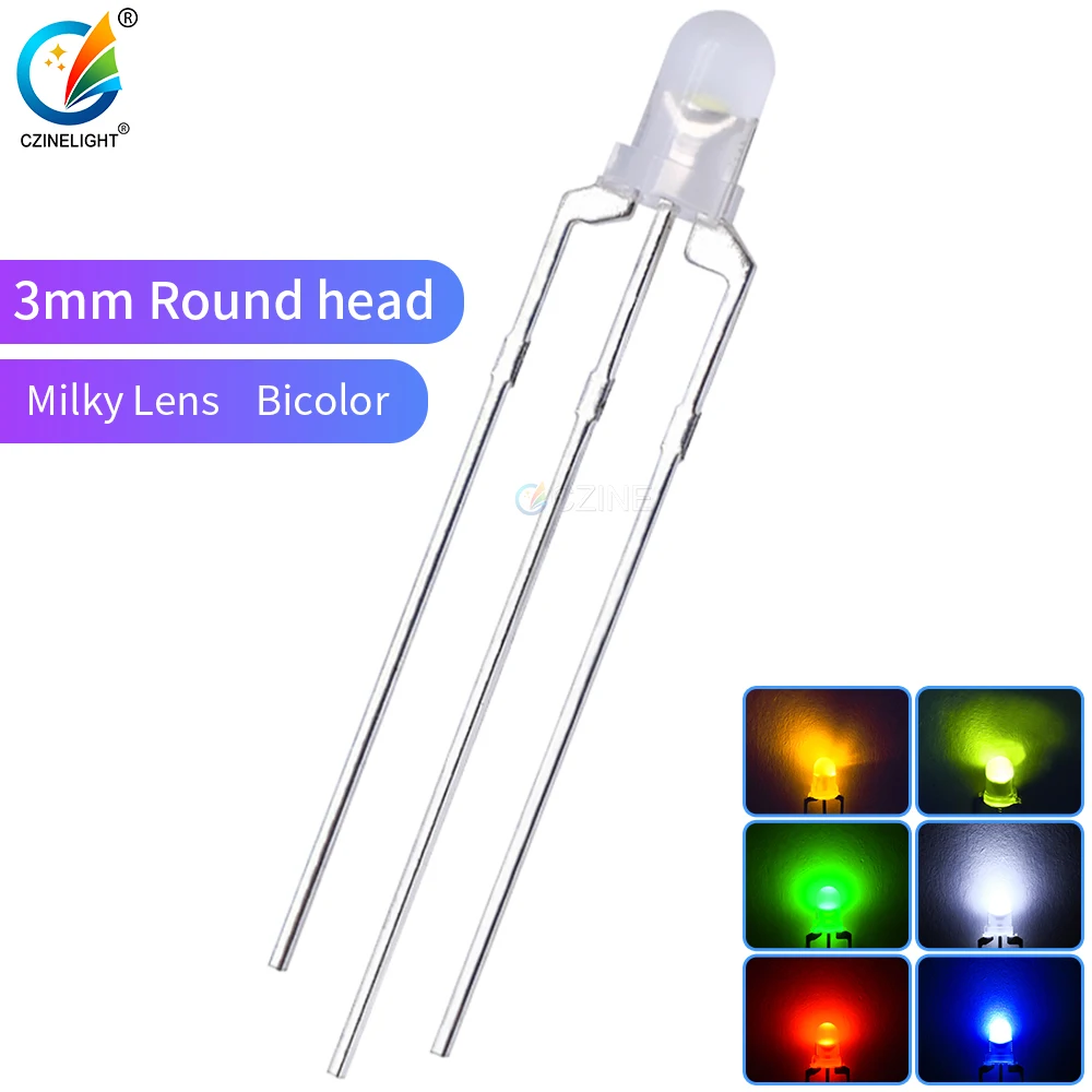 1000pcs/Bag Czinelight High Quality Milky Lens F3 3mm Red Yellow Blue White Bicolor Emitting Led Diode
