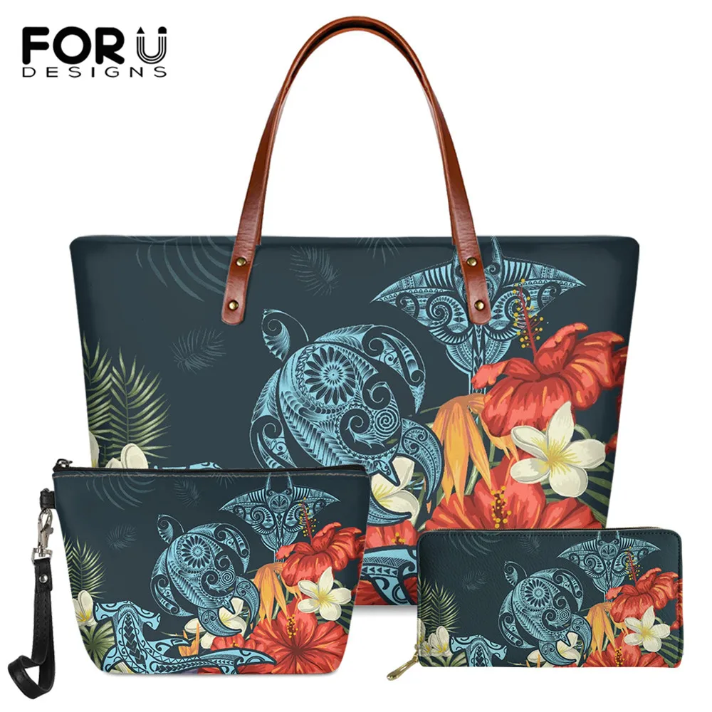 

FORUDESIGNS модная женская сумка 3 шт. в стиле Harajuku Гавайская черепаха Гибискус полинезийская Печать Женский Длинный кошелек из искусственной ко...