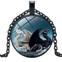 new jewelry statement necklace black dragon white dragon creative time glass convex round pendant necklace childrens gift
