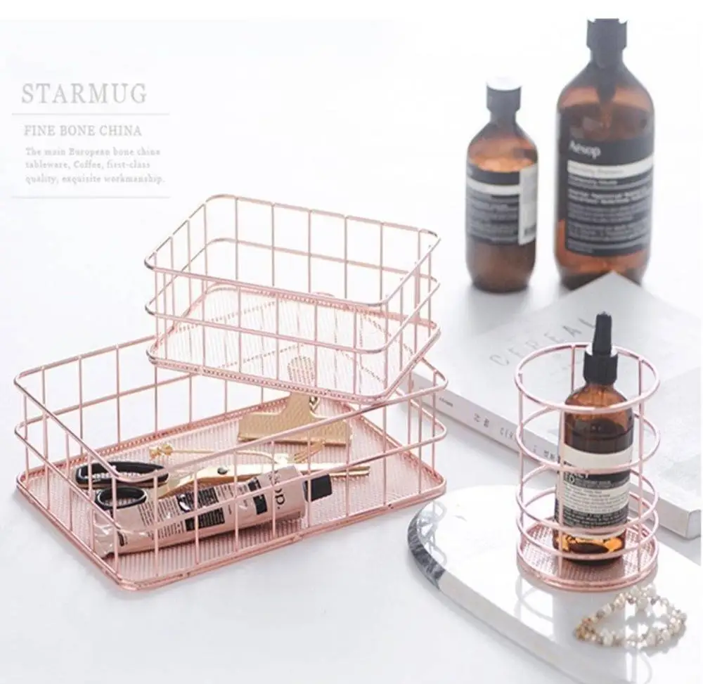 Office Supplies Desktop Storage Basket Pen Holder Sort Out Nordic Simple Practical Rose Gold Iron Art Rectangular Round Square | Дом и сад