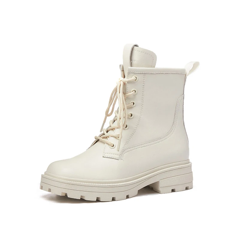 

ANNYMOLI Real Leather Motorcycle Boots Med Heel Ankle Boots Lace Up Thick Heel Short Boots Zip Square Toe Female Shoes Beige 40